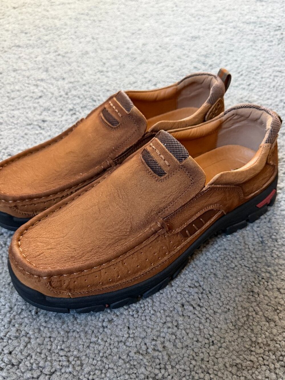 MOSTELO Men's Brown Leather Slip On Hiking Walking Loafers Trail Shoes EU 44 EUC